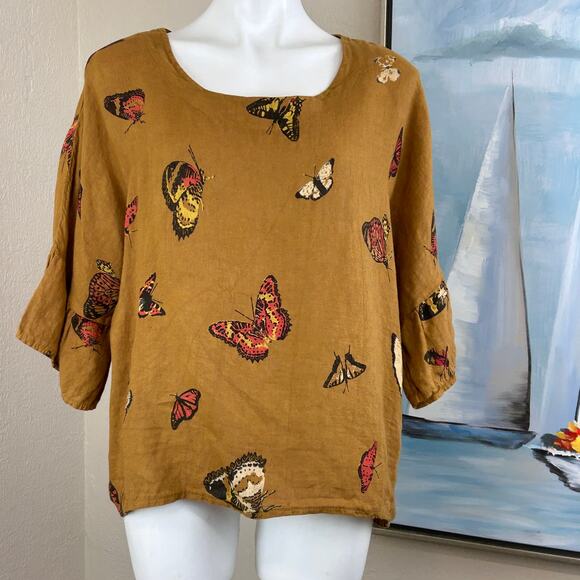 Viola Borghi Blouse 
Linen Mustard Yellow Butterfly Lagenlook Womens Size S - Picture 1 of 6